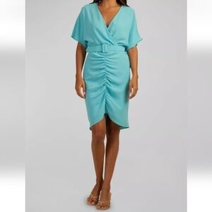 Trina Turk Zest Dress Clearwater Blue Belted Ruched Front V-Neck Soft Shoulder 0